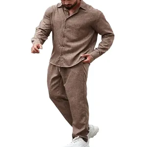 Ensemble deux pièces décontracté pour homme chemise à manches longues et pantalon marron