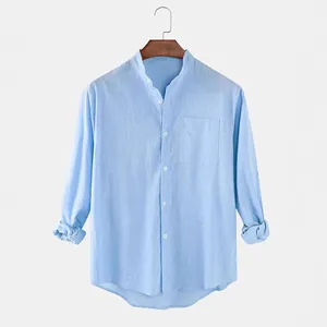 Camisa Casual para Hombre de Estilo Chino Algodón Lino Cuello Mao Manga Larga Ajuste Holgado Transpirable Color Sólido