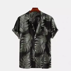 Men's Casual Tropical Leaf Print Short Sleeve Shirt Hawaiian Beach Button Down Loose Fit Vacation Cotton Blend Top