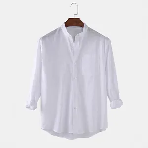 Camisa de lino y algodón blanca para hombre con cuello mao y manga larga estilo casual