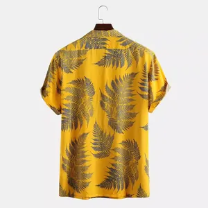 Yellow men's loose short-sleeve Hawaiian beach shirt with grey leaf print back view