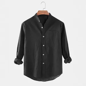 Camisa clásica de hombre en algodón y lino negro con elegante cuello mao