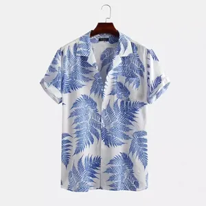 Men's casual loose Hawaiian short-sleeved shirt with blue tropical leaf print on white