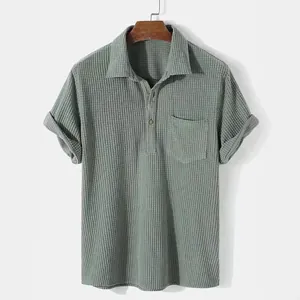 Men's loose fit corduroy short sleeve shirt with lapel collar and chest pocket detail