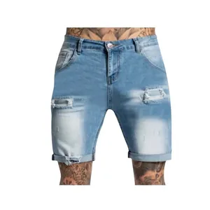 Pantaloncini di jeans slim fit da uomo blu chiaro con strappi e orli risvoltati