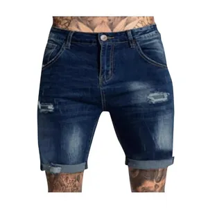 Pantaloncini di jeans blu da uomo con effetto consumato, vestibilità slim e stretch