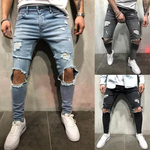 Jean déchiré coupe ajustée élégant pour homme en denim bleu clair et gris avec détails usés
