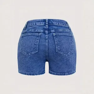 Eleganti pantaloncini di jeans blu a vita alta per donna con classiche tasche posteriori