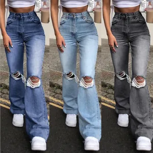 Jeans Évasés Déchirés Taille Haute pour Femmes Détérioré à la Main Pantalon en Denim Large Couleur Unie Streetwear Coton Long
