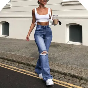Jean taille haute bleu à jambes larges pour femme avec détail genou déchiré tendance