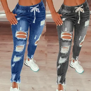 Two-color women's high waisted ripped skinny jeans with elastic drawstring waist