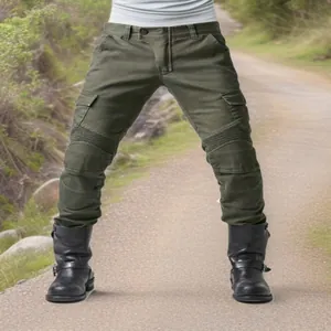 Durable men's green motorcycle riding pants featuring crash protection and stretch panels