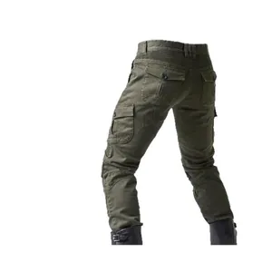 Men's olive green motorcycle cargo pants with reinforced knee panels and protective pads