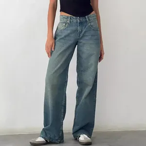 Jean denim décontracté bleu à coupe droite pour femme avec taille haute et délavage vintage
