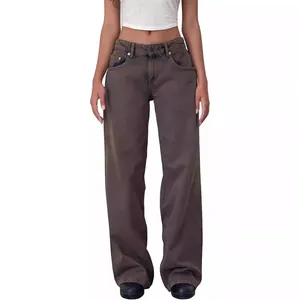 Jean vintage américain à taille basse, coupe droite et large, délavé marron pour femme
