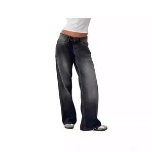 Jean américain rétro à taille basse et jambe large délavé pour femme en gris vintage