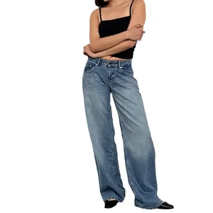 Jean vintage américain à taille basse et jambe droite pour femme en bleu délavé
