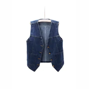 Damen Casual Denim Weste Kurz Locker Ärmellos Jacke Koreanischer Stil Baumwolle Bio-Baumwolle Einreihig Weste Mit Taschen Top