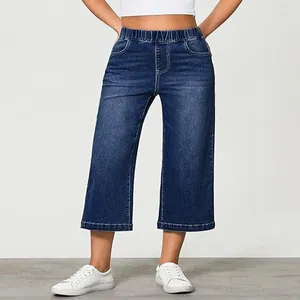 Dark blue wide-leg denim culottes with elastic high waist and straight cropped cut