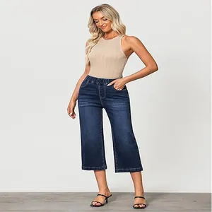 Stylish women's dark wash denim culottes featuring a comfortable elastic waistband detail