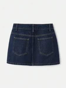 Back view of high-waist denim mini skirt in dark blue with classic pocket details