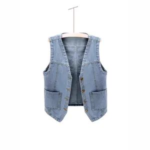 Kurze Damen Jeansweste ärmellose Jacke mit Taschen in Hellblau für Freizeit