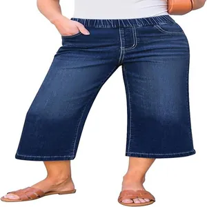 Dark blue wide-leg denim culottes with comfortable elastic high waistband for women