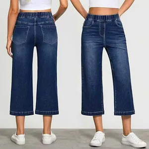 Women Casual High Waist Elastic Waist Straight Leg Jeans Washed Blue Cropped Denim Pants For Daily Wear Comfort Fashion Bottoms