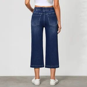 High waisted elastic denim culottes in dark blue wash with back pockets for women.