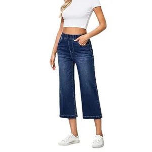 Women's dark blue straight-leg denim cropped jeans with comfortable elastic waist