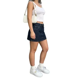 Stylish high-waisted dark blue denim mini skirt for women in a casual summer style