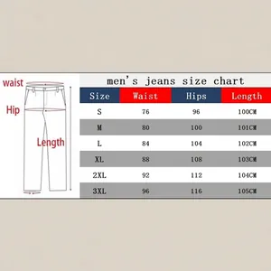 Men's slim fit stretch denim jeans size chart with waist, hip and length details