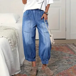 Pantalon capri en jean vintage pour femmes avec taille élastique et coutures