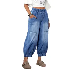 Pantalon large court en jean rétro pour femme avec taille élastique