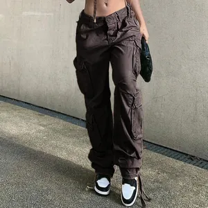 Close-up detail of women's American street style multi-pocket cargo pants in dark brown.