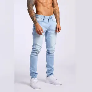 Jean en denim bleu clair pour hommes, coupe ajustée et taille haute élégant