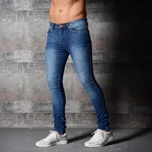 Fashionable men's blue skinny fit denim jeans providing a sleek and casual modern look