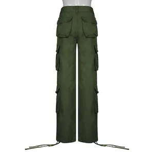 Military green high-waisted cargo pants for women with multiple pockets back view