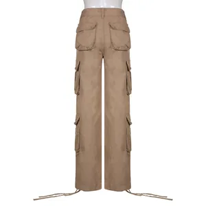 Back view of khaki multi-pocket cargo pants showing pocket details and straight leg fit