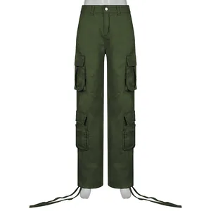 Detailed view of women's olive green multi-pocket cargo pants with drawstring hem