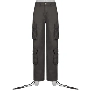 Detailed front view of dark grey multi-pocket street style cargo pants with hem straps.