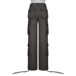 Detailed back view of dark gray multi-pocket cargo pants featuring drawstring hem design