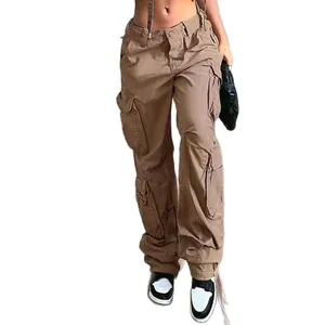 Women's American street style multi-pocket cargo pants in khaki with belt detail