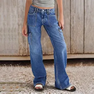 Jeans Cargo Femme Jambe Droite Multi-Poches Pantalon en Denim de Coton Extensible Taille Moyenne Streetwear Lavé