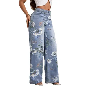 Damen-Denim-Jeans mit hoher Taille, weitem Bein und Vintage-Blumendruck im Streetstyle