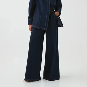 Close-up of retro dark wash wide-leg denim jeans with a relaxed straight-leg silhouette
