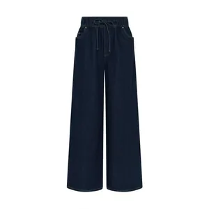 High-quality dark wash wide-leg denim pants featuring an elastic drawstring waist
