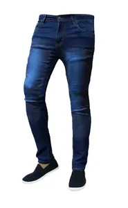 Men's slim fit stretch denim jeans in deep blue shown from a side front angle