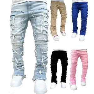 Γυναικείο Ευρωπαϊκό Αμερικάνικο Street Fashion Distressed Stacked Jeans Patchwork Ξεφτισμένο Τζιν Παντελόνι για Hip Hop Casual Εμφανίσεις