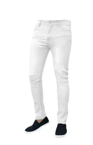 Macro view of white stretch slim fit men's denim jeans in a classic five-pocket design.